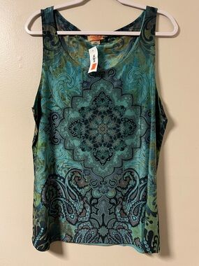 Pretty Woman USA Tank Top Women’s Plus 3X Teal Floral Paisley Lace Print Stretch